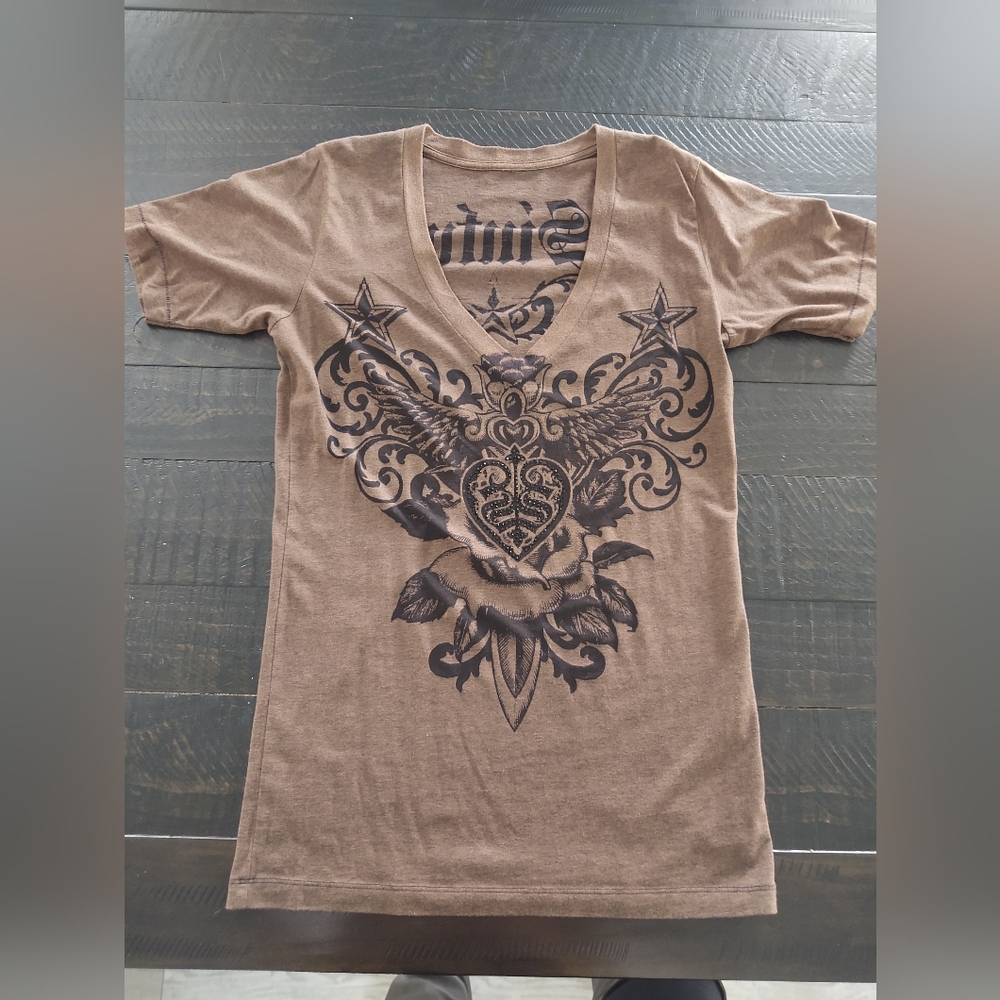 Sinful V neck T shirt XL Burnout logos